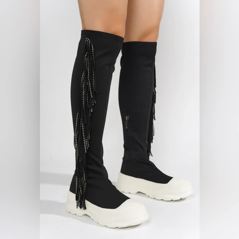 ARETHA - BLACK - BOOTS by CAPE ROBBIN Over-the-Knee Boots with Fringe Detailing